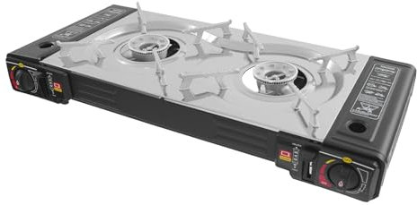 Fornello a gas da campeggio, a 2 fuochi, portatile, potenza 2,1-2,5 KW, con stampo da forno e borsa per il trasporto, fornello a gas per esterni, 4,09 kg, 63 x 26 x 8 cm