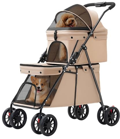 3-in-1-Kinderwagen, faltbar, 2 Ebenen, für Hunde und Katzen, 2 Taschen, Fenster aus Netzstoff, Räder mit Bremsen, abnehmbare Kissen, Reisewagen für Hunde, Katzen, 67 x 50 x 95 cm, Farbe Milchkaffee