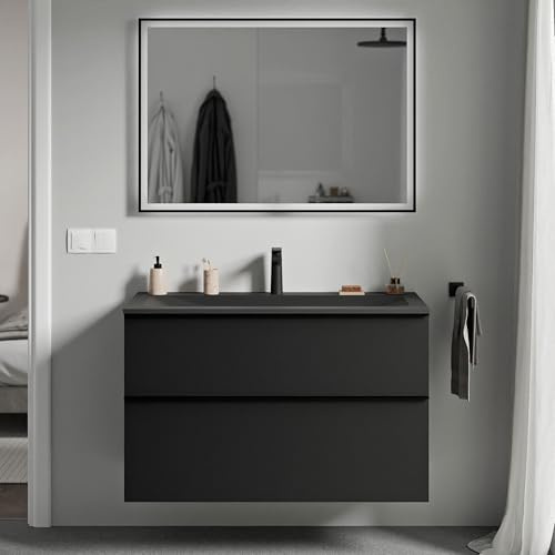 BERNSTEIN - Waschtisch zum Aufhängen, für Badezimmer, MDF, schwarz, matt, Mineralguss, schwarz matt + Hahnloch, Metallgriff, mattschwarz – 100 x 46 x 62 cm – LAVOA