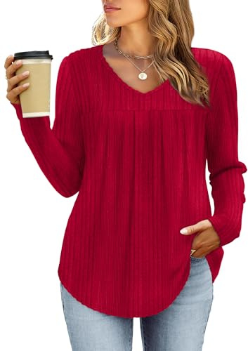 WIHOLL Red Long Sleeve Tops Women Ladies V Neck Sweaters Red Striped Tunic Tops Jumpers for Women UK Valentines Gifts for Her XL Size 18-20