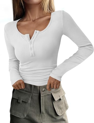 DUOEASE Langarmshirt Damen Rundhals Mit Knöpfen Slim Fit Herbst Oberteile Damen Sexy