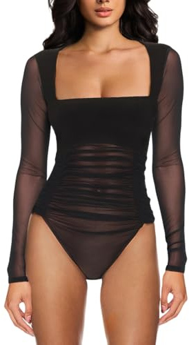 MAYFASEY Women's Square Neck Mesh Long Sleeves Bodysuit Outfits Tops Sexy Thong Bodysuits, Black, L