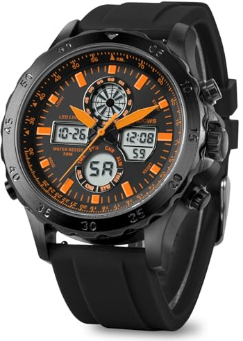 PINDOWS Herrenuhr Digital Analog, Multifunktion Sport Casual | Duales Display, helles Nachtlicht, Wecker, präzise Stoppuhr und spritzwassergeschütztes Design