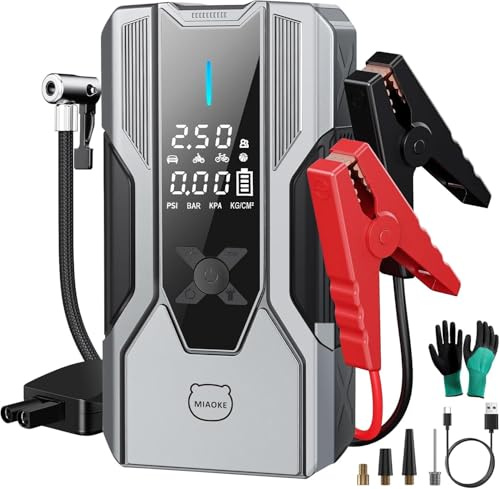 MIAOKE 8000A Jump Starter Power Pack,For Diesel Vehicles, Cars Motorbikes | Car Jump Starter 12V, 150PSI Air Compressor, Matching Nozzle Set, Smart Point Flower Clip, Inflatable Tube