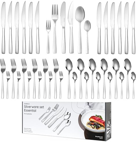 Besteckset 6 Personen, 36-teilig, Edelstahl 18/0 Silber, spülmaschinenfest und rostfrei, Tafelbesteck mit Messer Gabel Löffel Steakmesser und Kuchengabeln, Essbesteck für Alltag und Gäste