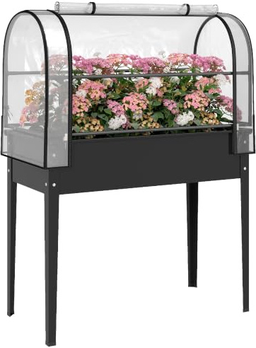 Outsunny Potager sur Pieds avec Serre Rabattable 100 x 49 x 136 cm Noir | Jardinière Haute sur Pied en Métal 97L, Trou de Drainage, pour Plantes Fleurs et Légumes