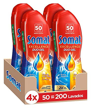 Somat Excellence Gel Fraîcheur Anti-Odeur 50 Doses (Pack de 4, Total : 200 lavages), Lessive Lave-Vaisselle Dégraissante, Lave-Vaisselle Liquide Automatique en Bouteille, Savon à Vaisselle Vinaigre