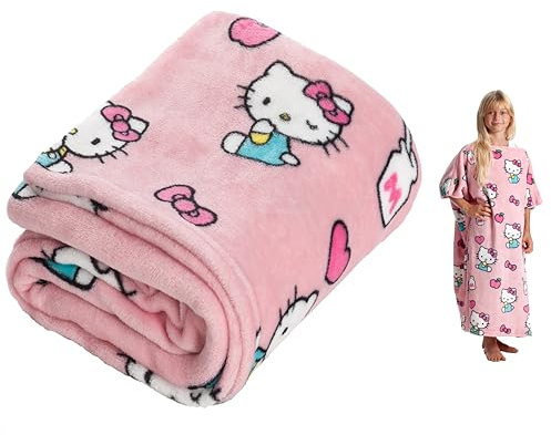 Kanguru - Coperta pile indossabile, Hello Kitty, felpa hoodie oversize, soffice plaid copre fronte retro, permette di camminare ed usare le maniche, 80x90 cm, poncho bambina xxl, regali natale