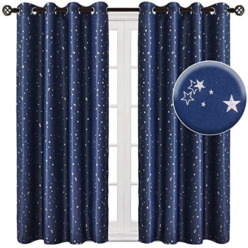 NAPEARL Vorhang Kinderzimmer Junge, Kindervorhänge mit Silbernen Sterne, 2 Stücke Blau Verdunklungsvorhänge für Kinderzimmer, Sterne Kinderzimmer Gardinen mit Ösen, Jeder H 137 X B 132cm