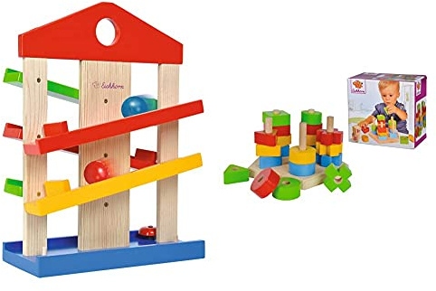 Eichhorn Kugelbahn-Haus, 4-teilig, Bunte Rollbahn aus Holz mit Glocke und DREI Kugeln Lindenholz, 25x34 cm & Steckplatte, 21-teilig, Buchenholz, 5 Verschiedene Stecksymbole, 20 Steckteile, 18 x 10 cm