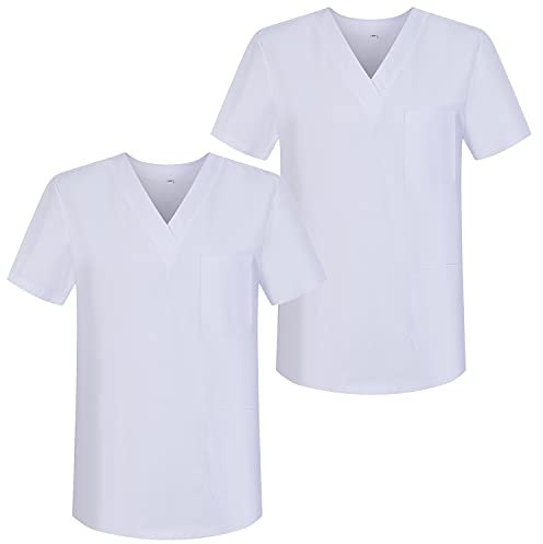 MISEMIYA - Pack*2 - Casaca Sanitarios Unisex Uniformes Sanitarios Cuello Pico Mangas Cortas Uniformes Laboratorios - Ref.817 * 2 - L, Blanco 68