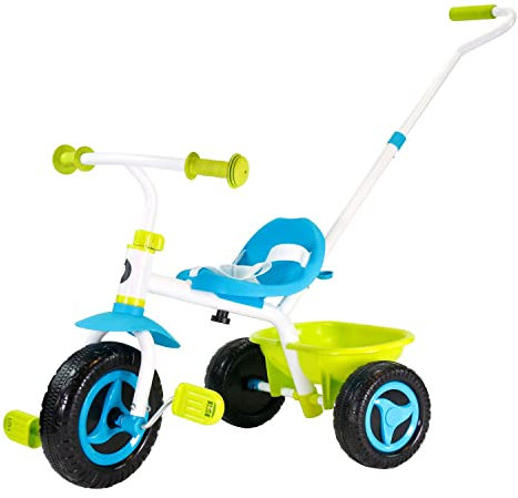 BEST SPORTING Dreirad 2 in 1 ab 1 Jahr I Robustes Dreirad mit Schubstange I blau - grün I hochwertiges Dreirad ab 1 Jahr mit Sicherheitsgurt I Kinderdreirad inkl. Transportbox