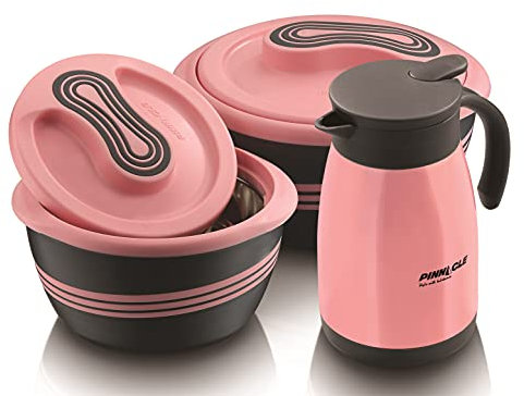 Pinnacle-Lot de 3 cocottes isothermes et carafe étanche avec couvercle de 750 ml - Bol de service thermique pour soupe/salade - Récipient alimentaire en acier inoxydable (rose)