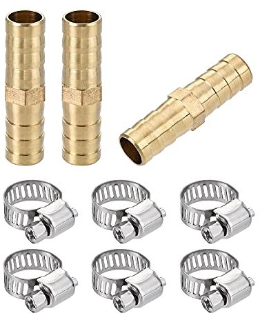 sourcing map Barb Hose Fitting, 10x39mm Straight Coupler Quick Connector Adapter with 6-12mm Adjustable Stainless Steel Hose Clamps, for Water Fuel Air Oil Gas 3 Set