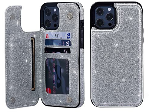 UEEBAI Case for iPhone 13 Pro 6.1 inch, Premium Glitter PU Leather Case Back Wallet Cover [Two Magnetic Clasp] [Card Slots] Stand Function Durable Shockproof Soft TPU Case - Silver