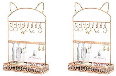 Chtom 2. Stck Schmuck Baum Stehen Schmiedeeisen Schmuck Anzeigen Rack Metall Katze Ohr Halskette Halter Ohrring Organizer Tischplatte Schmuck Turm for Hängende Anhänger Ringe Zubehör - Roségold