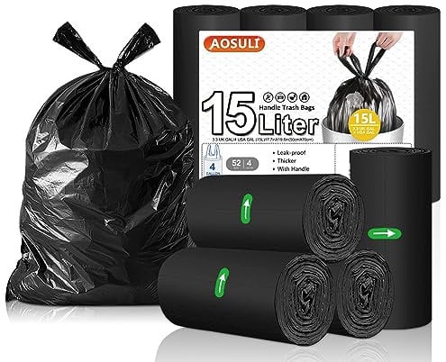 AOSULI 15Liter Bin Bags with Tie Handles 51 Counts Trash/Garbage Bags Black Small Pedal Bin Liners for Home Office, Lawn,Bathroom,Toilet Wastebasket (Fits 0.8,1.5,1.2 3 4Gal Gallon Bins)