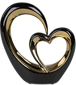 Lifestyle & More Moderne Skulptur Dekofigur in Form von Zwei Herzen aus Porzellan schwarz/Gold 22x25 cm