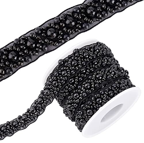 BENECREAT 3M Kunstperlen Spitzenband, 1.5cm breites Schwarzes Perlen-Kristall-Strass-Applikations-Rand-Spitzenband Zum Nähen von Hochzeitskleid-Kostüm-Heimdekoration
