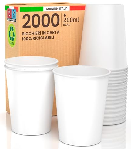 Baciato Caffè 2000 Gobelets Carton Jetable a Eau The 200ml - Verres Blancs Biodégradables Compostable et Écologiques Made in Italy pour Bureau Bar Plats à Emporter Hôtel et à La Maison