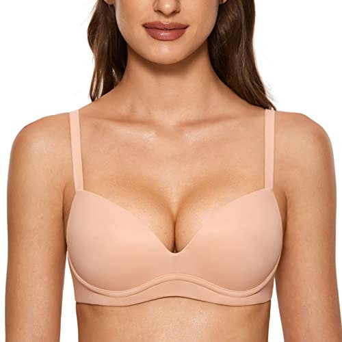 DOBREVA Women's Push Up Bra Plunge Wireless Comfortable T Shirt Padded Bras Blush Beige 40B