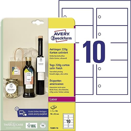 AVERY Zweckform T2001-10 stabile Anhänger 100 Stück inkl. Schnüre (90x50mm auf A4, beidseitig bedruckbare Produktanhänger, extra glatte Kanten, Geschenkanhänger, Preisanhänger) Karton 220g, weiß