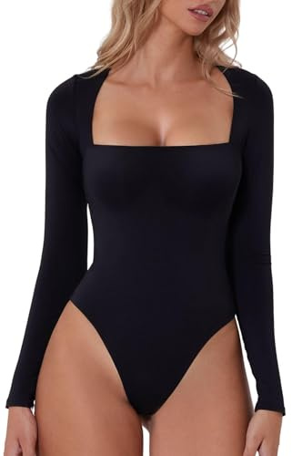 QINSEN Women's Sexy Square Neck Bodysuit Long Sleeve Double Lined Shirt Tops, Black, M