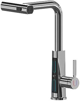 Wasserhahn Küche Küchenarmatur Ausziehbar,Spültischarmatur mit Schwenkbarem Auslauf,LED-Temperaturanzeige,360° Drehbar Drei Wasserstrahlmodi,Einhebelmischer Mischbatterie Messing,Chrom