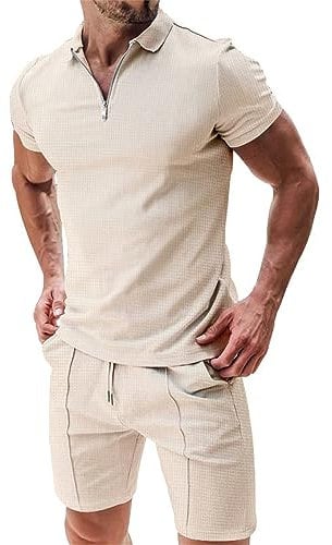 Herren Poloshirt Shorts 2-Teiliges Set Sommer Trainingsanzug Kleidung Mode Casual Sweatsuits Reißverschluss Einfarbig Kurzarm Herren H-Khaki M
