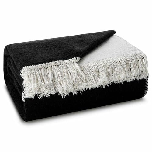 Eurofirany Decke mit Fransen 150x200 cm schwarz weiß 450 GSM Wohndecke Kuscheldecke Deko Extra weich flauschig Vier Jahreszeiten Sofaüberwurf Tagesdecke