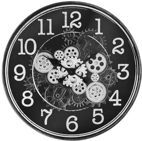 MPM Millennium, Design Kunststoff Wanduhr, Retro Stil, Quarzwerk und Leichtlauf (Sweep), Mineralglas, drehbare Zahnräder, Schwarz und Silber, ∅ 510 x 67 mm, für Wohnzimmer, Küche, Büro, alle Räume