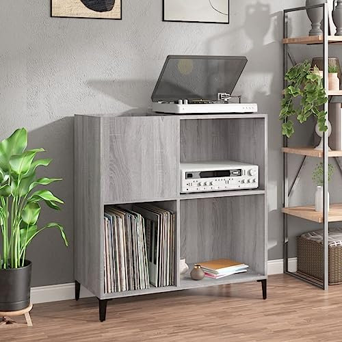 prissent Meuble porte-disques 84,5 x 38 x 89 cm en bois multicouche, meuble pour CD, étagère en bois, porte-disques vinyle, meuble de salon, meuble TV gris Sonoma