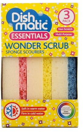 Dishmatic Wonder Scrub Sponge Scourers, Non-Scratch, Dual Action, Heat Sensitive, White, Pink, Blue, Yellow, Pack of 3