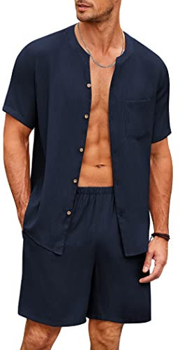 Ekouaer Men's Pajamas 2 Piece Lounge Sets Button Down Shorts Set Outfits Tracksuits with Pockets, Navy Blue, M