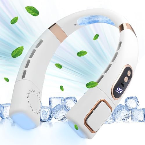 yumcute Neck Fan, 8000 mAh with Cooling Plate Lights Digital Display Portable Hanging Bladeless Wearable Quiet Neck Face Fans Rechargeable 360° Cooling for Adults Women Men Holiday Travel Camping