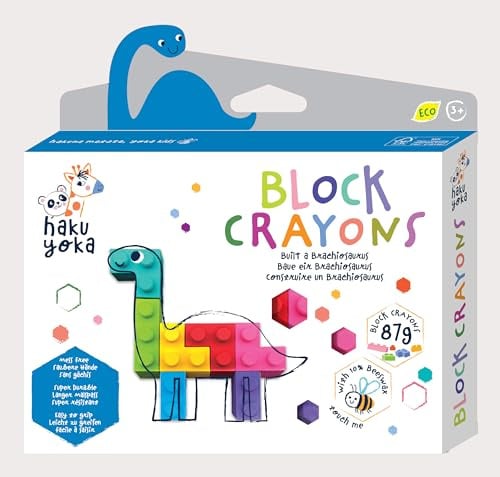 Haku Yoka 6303091 Block Wachsmalkreiden-Set, Brachiosaurus, ab 3 Jahren | Wachsmalsteine in kräftigen Farben, Wachmalstifte in Klemmbaustein-Form, ohne Abfärben, für Kinder