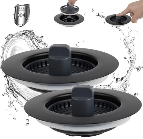 iFealClear 2-Pack Kitchen Drain Stopper,3-in-1 Plug Strainer,Odor Prevention and Clog Resistance, Stainless Steel Outer Shell & ABS Filter Basket, Suitable for Sinks with Hole Depth > 28 mm-Black