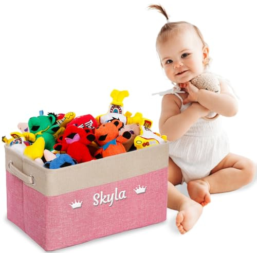 Personalized Kids Toy Box for Boys Girls, Custom Embroidered Name Toy Bin with Handles,Kids Toy Storage Organizer , Collapsible Storage Basket , Rectangular Bin for Kids Toys, Clothes, Books(Pink)