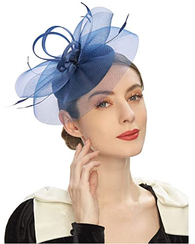 Kielsjajd Damen Fascinator Hut, Mesh Federn Stirnband Tea Party Clip Kopfbedeckung Haarschmuck für Party Kirche Hochzeit für Frauen Mädchen, Damen Fascinator Hut mit Federn Schleier (a-Navy, One Size)