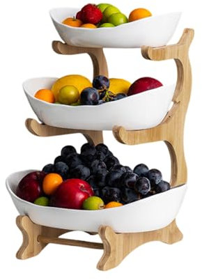 OUGPIU Présentoir à fruits à 3 étages,Corbeille a Fruits avec support en bois résistant,Plateaux de Service pour Gâteaux Fruits Dessert,Décoration Coupe de Fruit