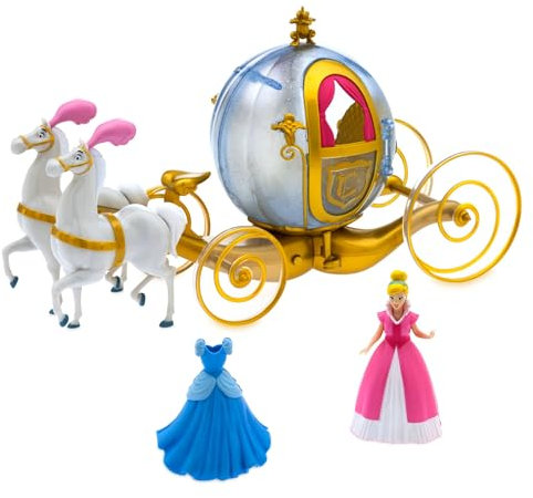 Disney Store Official - Spielset mit Cinderella Kutsche und Pferd - 9,5 cm/3,7 - Märchenset für Kinder - Mit 2 Kleidern zum Anclipsen, 2 weißen Pferden, Kürbiskutsche und 2 Beleuchtungseinstellungen