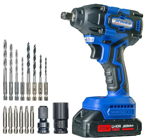 ACDelco 1/2 Square Cordless Impact Wrench, with 1500mAh 20V Battery and Charger, 2,800 RPM Brushless Motor, 340Nm Torque, 0-3,300 IPM, Accessories Included.