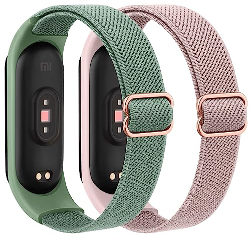 Meliya 2Pack Correas para Xiaomi Mi Band 4/Xiaomi Mi Band 3/Xiaomi Mi Band 6/Xiaomi Mi Band 5/Xiaomi Mi Band 7,Elástica Nylon Trenzada Ajustable Pulseras Repuesto para Mi Band 7/6/5/4/3(Rosa/Verde)