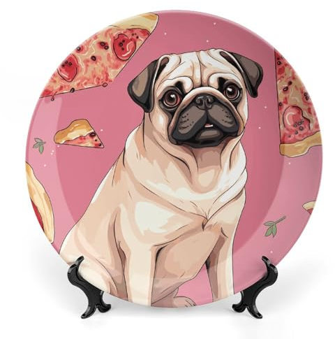 GFLFMXZW Dekorativer Teller aus Knochenporzellan mit Präsentationsständer, Mops, Pizza, Keramik, dekorative Teller, rund, Keramik-Essteller, Kunsthandwerk, Keramikornamente für Zuhause, Büro,