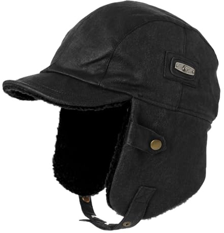 Comhats XL Winter Waterproof Trapper Hats for Men Faux Leather Aviator Pilot Cap with Ear Flaps Warm Fleece Lined Peaked Cap for Hunting Shooting Black