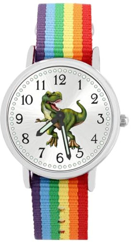 Brecjon Kinder Armbanduhr Jungen Jungenuhr Kids Dinosaurier T Rex Leuchtzeiger 5ATM Wasserdicht Textil Armband Regenbogen bunt 5107