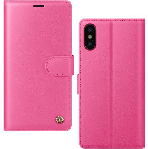 AIMOYU for iPhone X, iPhone XS Case, Flip Wallet Leather Phone Case with [4 Card Slots] [Kickstand] [RFID Blocking] Magnetic Protective Shockproof Cover for iPhone X/XS Phone Case - Peach Pink