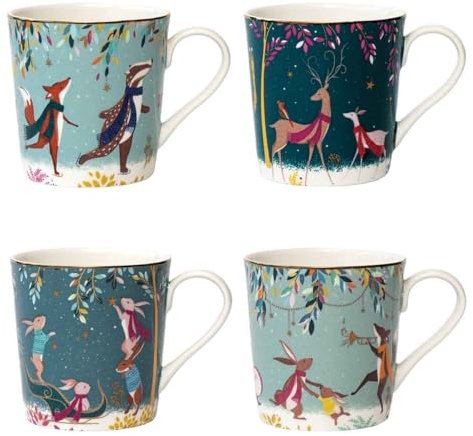 Sara Miller London Woodland Tales Set of 4 Mugs, Assorted, White with Golden Details