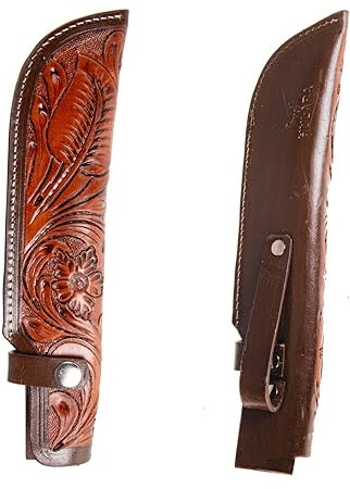 Hulara_Genuine Leather Case Handmade Real Leather Knife Sheaths with Belt Loop Pocket Knife Holder for Belt 4.5 Blade Fits Knife Holster (Brown Flower Carving, 10 Inch)