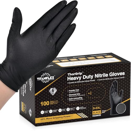 TitanFlex Thor Grip Black Nitrile Gloves 6 Mil Heavy Duty, Raised Diamond Texture Enhanced Grip, Latex Free & Powder Free for Mechanic Automotive Repair (Box of 100, Large)